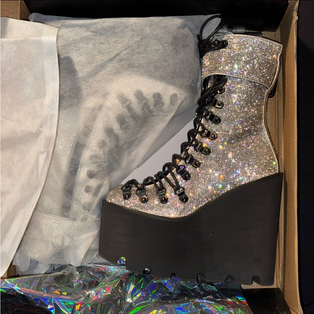 Silver Rhinestone Lace-Up Platform Boots
